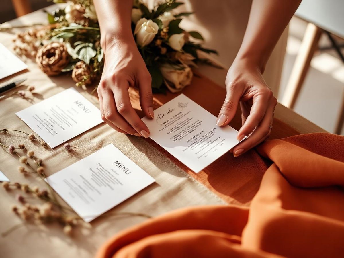 Planner arranging menu cards, swatches and dried florals on a linen table