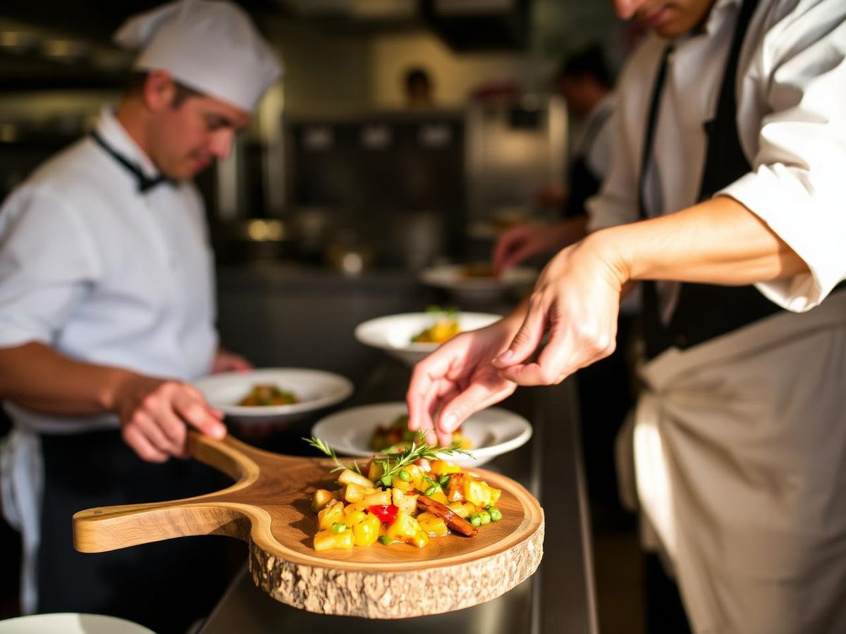 Catering team plating a seasonal California dish at an event kitchen pass