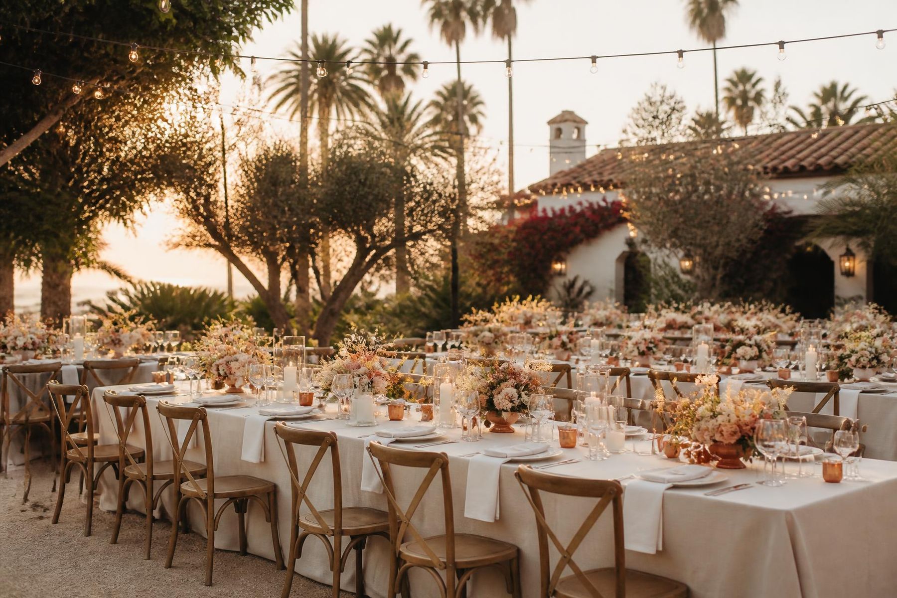 Golden-hour reception for 240 &mdash; Mission-style estate, Orange County &middot; August